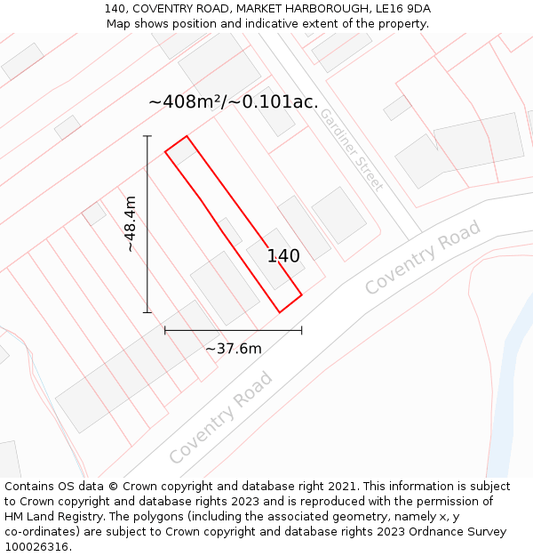 140, COVENTRY ROAD, MARKET HARBOROUGH, LE16 9DA: Plot and title map