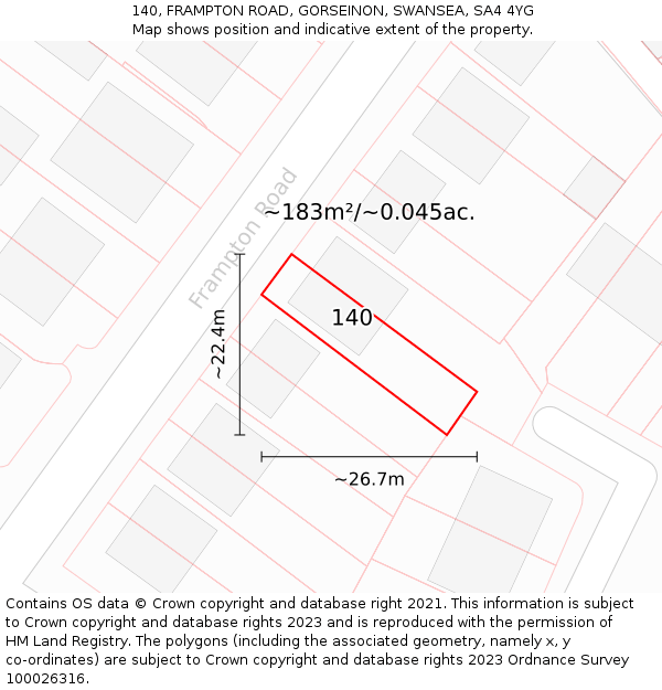 140, FRAMPTON ROAD, GORSEINON, SWANSEA, SA4 4YG: Plot and title map