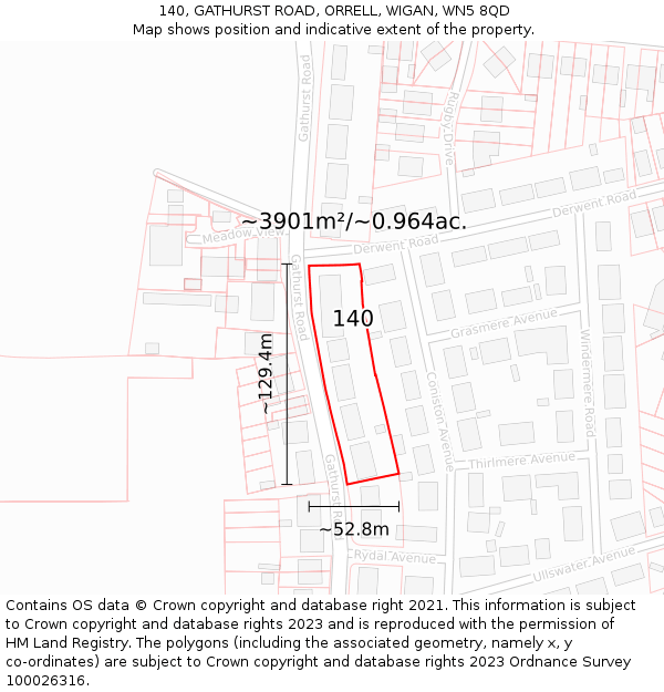 140, GATHURST ROAD, ORRELL, WIGAN, WN5 8QD: Plot and title map