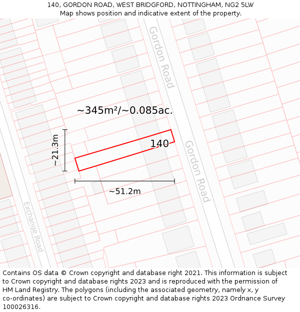 140, GORDON ROAD, WEST BRIDGFORD, NOTTINGHAM, NG2 5LW: Plot and title map