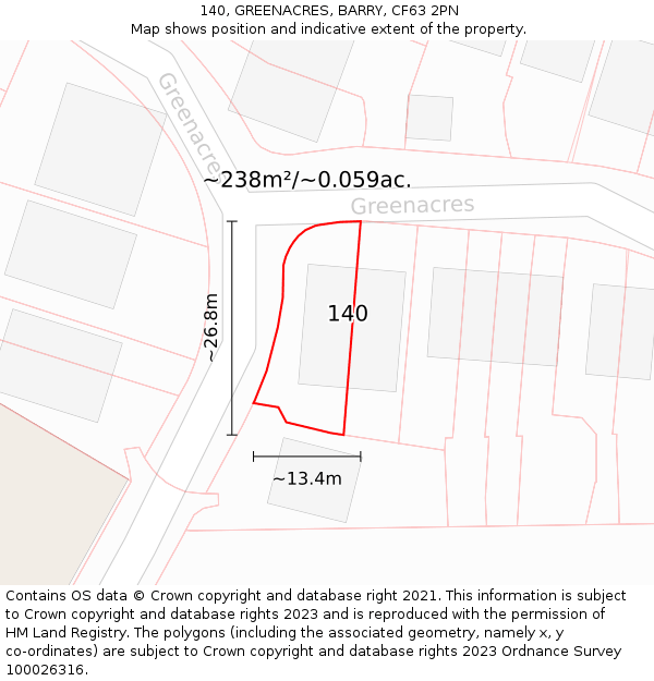 140, GREENACRES, BARRY, CF63 2PN: Plot and title map