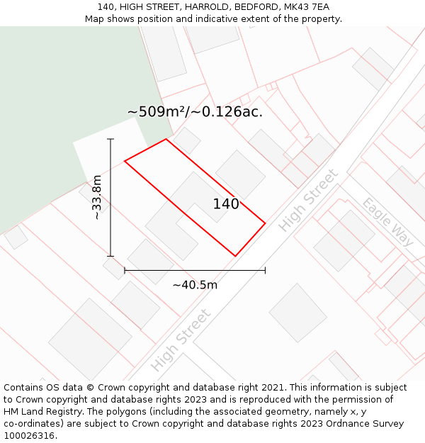 140, HIGH STREET, HARROLD, BEDFORD, MK43 7EA: Plot and title map