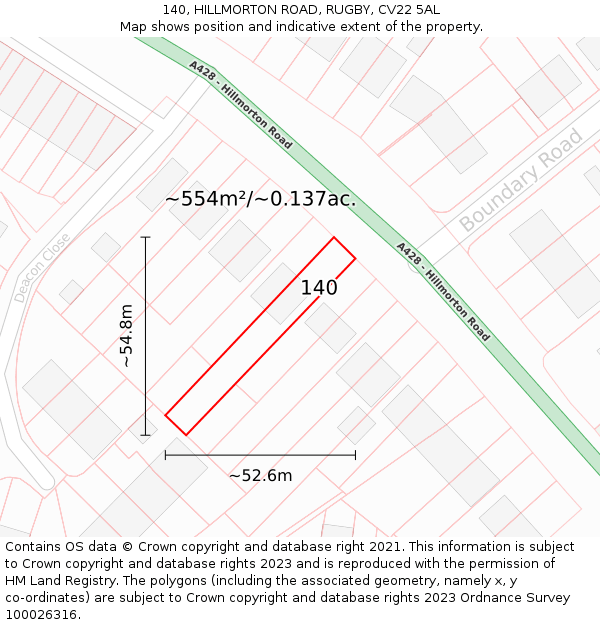 140, HILLMORTON ROAD, RUGBY, CV22 5AL: Plot and title map