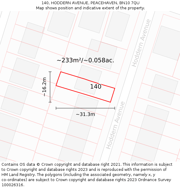 140, HODDERN AVENUE, PEACEHAVEN, BN10 7QU: Plot and title map