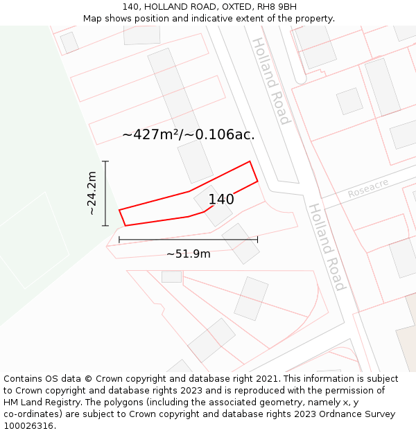 140, HOLLAND ROAD, OXTED, RH8 9BH: Plot and title map