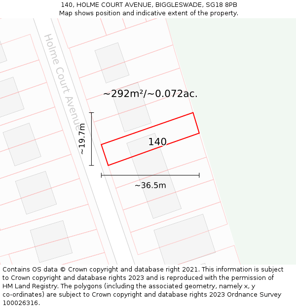 140, HOLME COURT AVENUE, BIGGLESWADE, SG18 8PB: Plot and title map