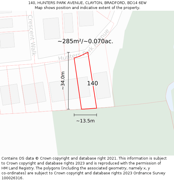 140, HUNTERS PARK AVENUE, CLAYTON, BRADFORD, BD14 6EW: Plot and title map