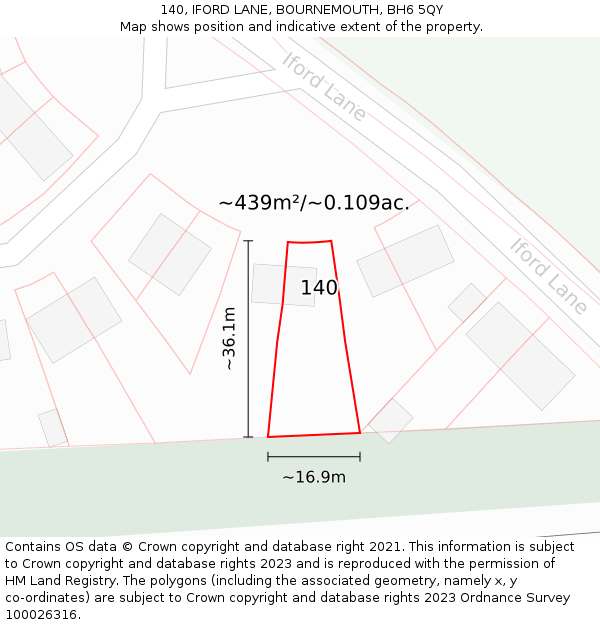 140, IFORD LANE, BOURNEMOUTH, BH6 5QY: Plot and title map