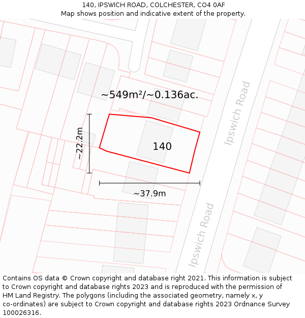 140, IPSWICH ROAD, COLCHESTER, CO4 0AF: Plot and title map