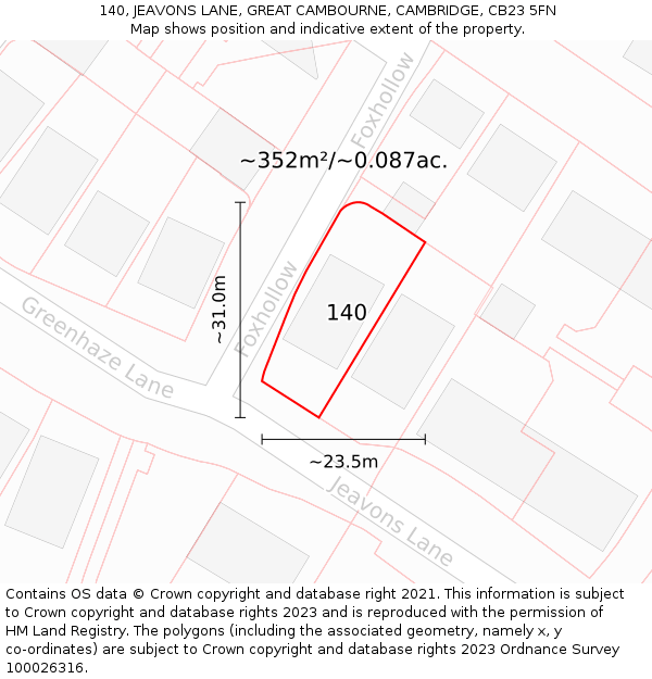 140, JEAVONS LANE, GREAT CAMBOURNE, CAMBRIDGE, CB23 5FN: Plot and title map