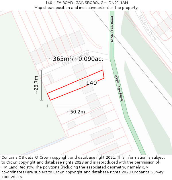 140, LEA ROAD, GAINSBOROUGH, DN21 1AN: Plot and title map