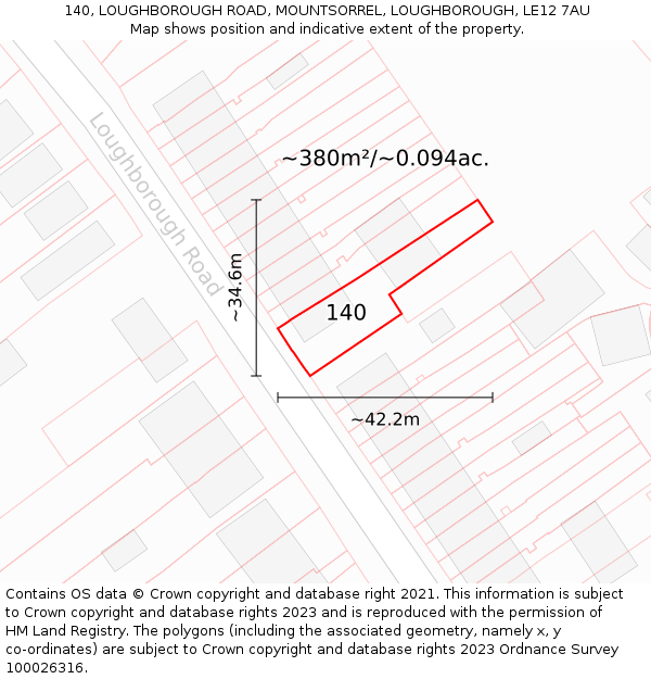 140, LOUGHBOROUGH ROAD, MOUNTSORREL, LOUGHBOROUGH, LE12 7AU: Plot and title map