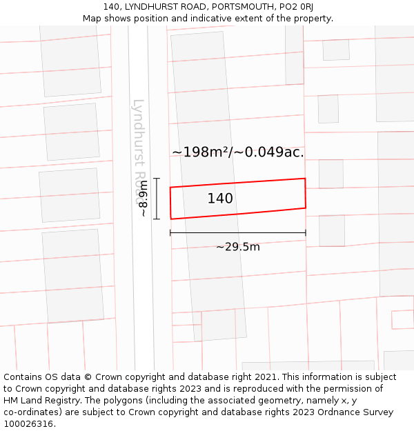 140, LYNDHURST ROAD, PORTSMOUTH, PO2 0RJ: Plot and title map