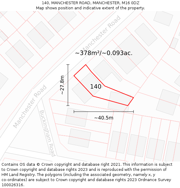 140, MANCHESTER ROAD, MANCHESTER, M16 0DZ: Plot and title map