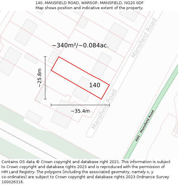 140, MANSFIELD ROAD, WARSOP, MANSFIELD, NG20 0DF: Plot and title map