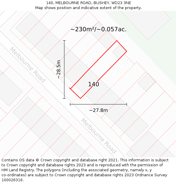 140, MELBOURNE ROAD, BUSHEY, WD23 3NE: Plot and title map