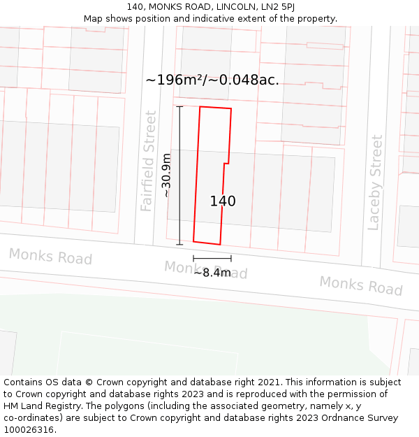 140, MONKS ROAD, LINCOLN, LN2 5PJ: Plot and title map