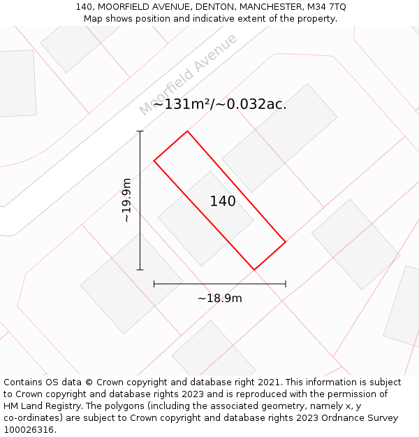 140, MOORFIELD AVENUE, DENTON, MANCHESTER, M34 7TQ: Plot and title map