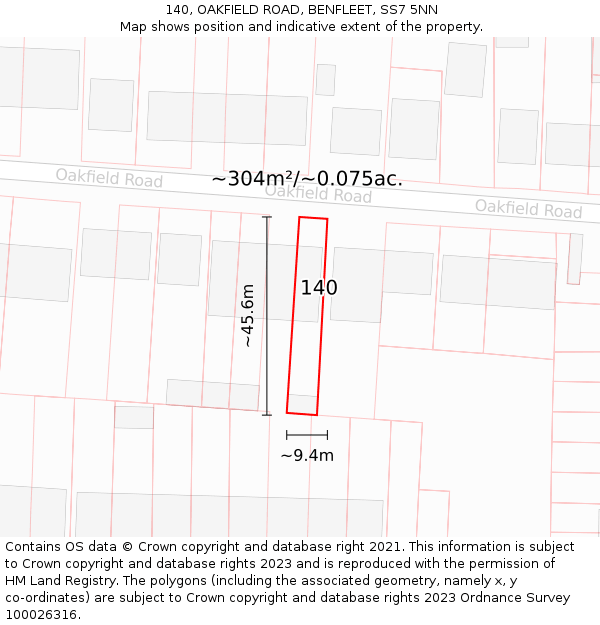 140, OAKFIELD ROAD, BENFLEET, SS7 5NN: Plot and title map