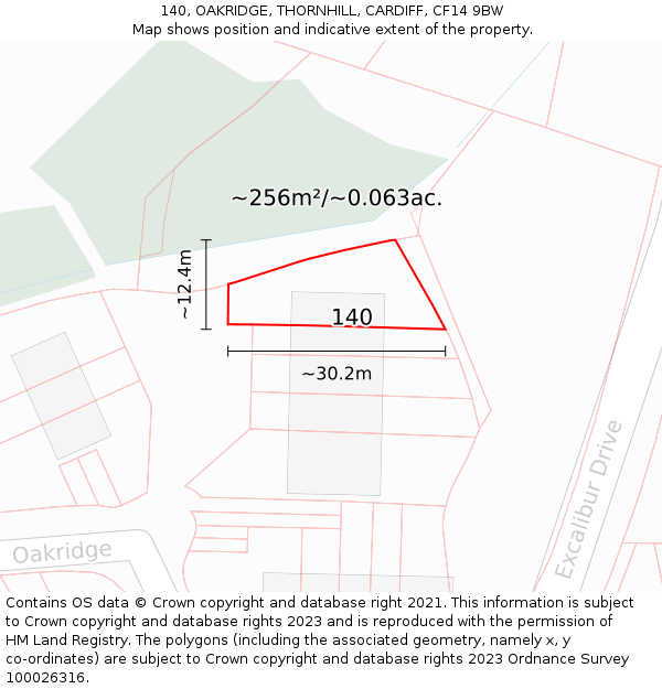 140, OAKRIDGE, THORNHILL, CARDIFF, CF14 9BW: Plot and title map