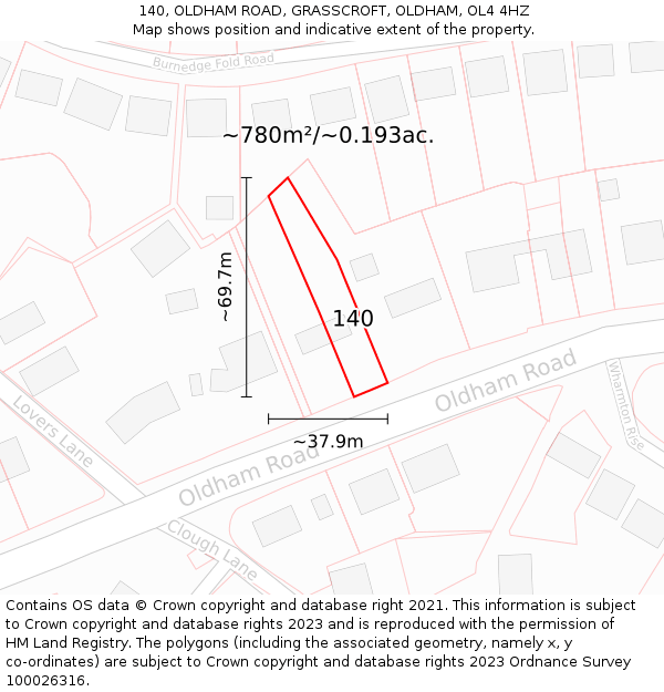 140, OLDHAM ROAD, GRASSCROFT, OLDHAM, OL4 4HZ: Plot and title map