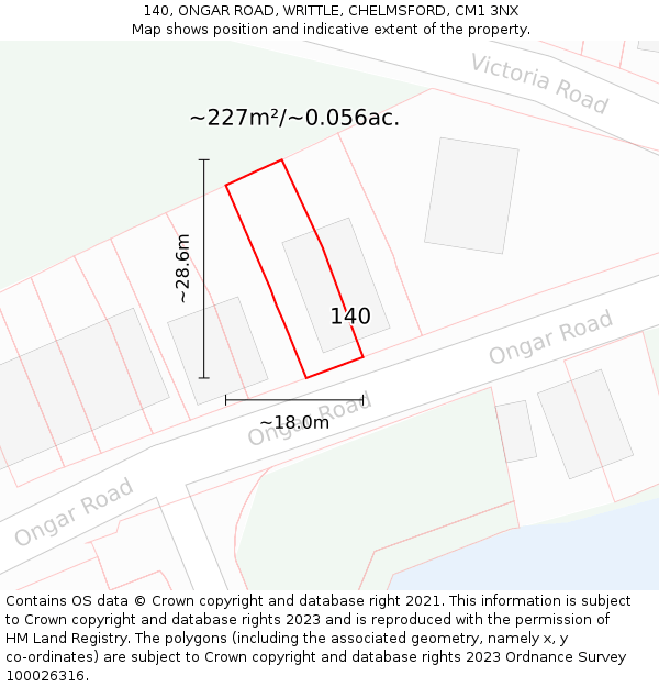 140, ONGAR ROAD, WRITTLE, CHELMSFORD, CM1 3NX: Plot and title map