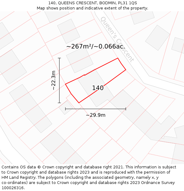 140, QUEENS CRESCENT, BODMIN, PL31 1QS: Plot and title map