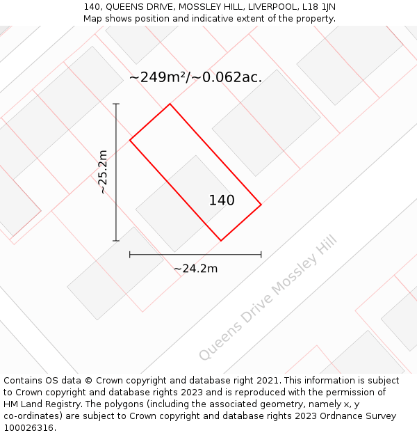 140, QUEENS DRIVE, MOSSLEY HILL, LIVERPOOL, L18 1JN: Plot and title map