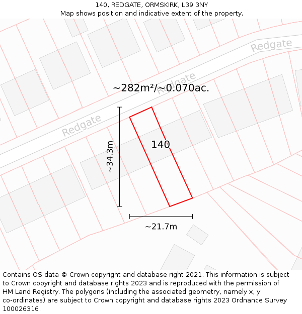 140, REDGATE, ORMSKIRK, L39 3NY: Plot and title map