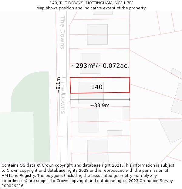 140, THE DOWNS, NOTTINGHAM, NG11 7FF: Plot and title map