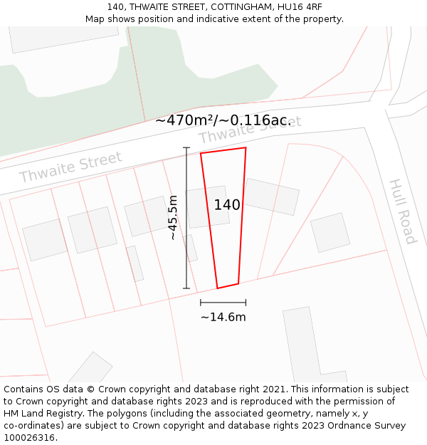 140, THWAITE STREET, COTTINGHAM, HU16 4RF: Plot and title map