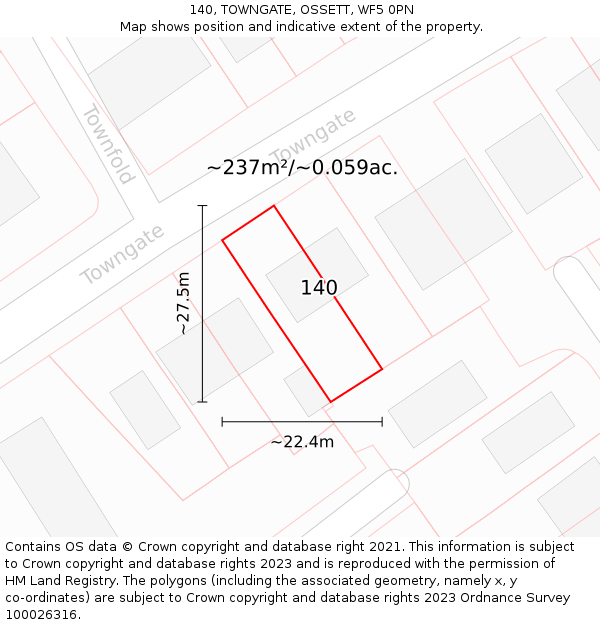 140, TOWNGATE, OSSETT, WF5 0PN: Plot and title map