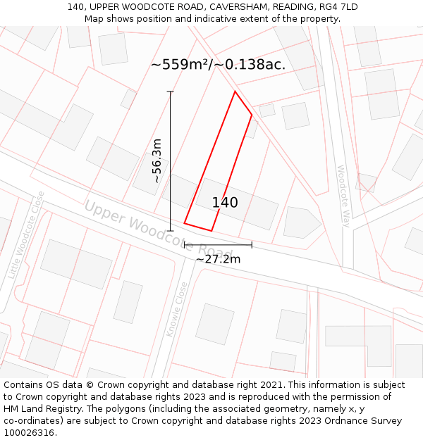 140, UPPER WOODCOTE ROAD, CAVERSHAM, READING, RG4 7LD: Plot and title map