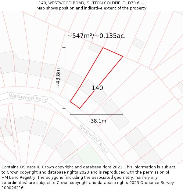 140, WESTWOOD ROAD, SUTTON COLDFIELD, B73 6UH: Plot and title map