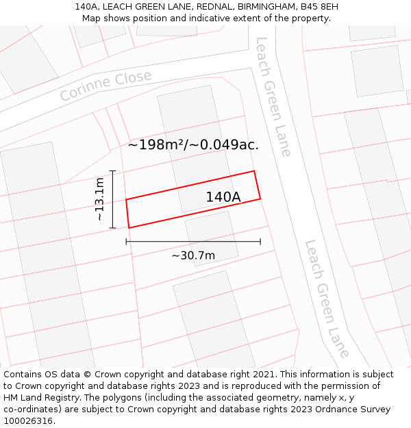 140A, LEACH GREEN LANE, REDNAL, BIRMINGHAM, B45 8EH: Plot and title map