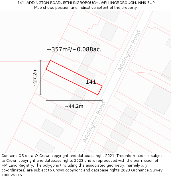 141, ADDINGTON ROAD, IRTHLINGBOROUGH, WELLINGBOROUGH, NN9 5UP: Plot and title map