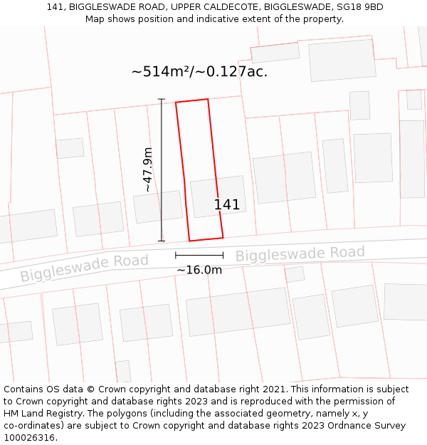 141, BIGGLESWADE ROAD, UPPER CALDECOTE, BIGGLESWADE, SG18 9BD: Plot and title map