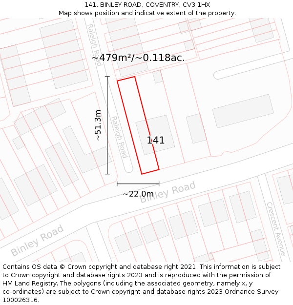 141, BINLEY ROAD, COVENTRY, CV3 1HX: Plot and title map