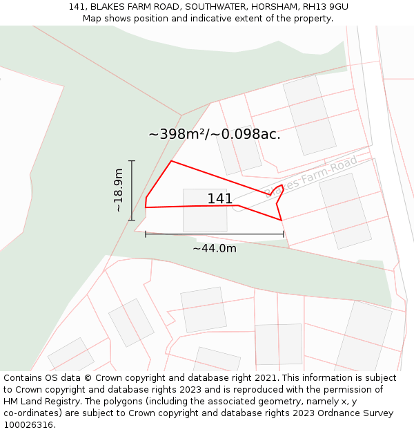 141, BLAKES FARM ROAD, SOUTHWATER, HORSHAM, RH13 9GU: Plot and title map