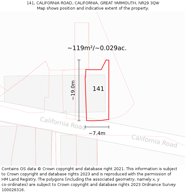 141, CALIFORNIA ROAD, CALIFORNIA, GREAT YARMOUTH, NR29 3QW: Plot and title map