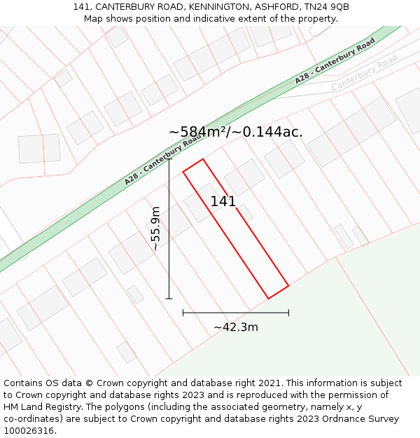 141, CANTERBURY ROAD, KENNINGTON, ASHFORD, TN24 9QB: Plot and title map