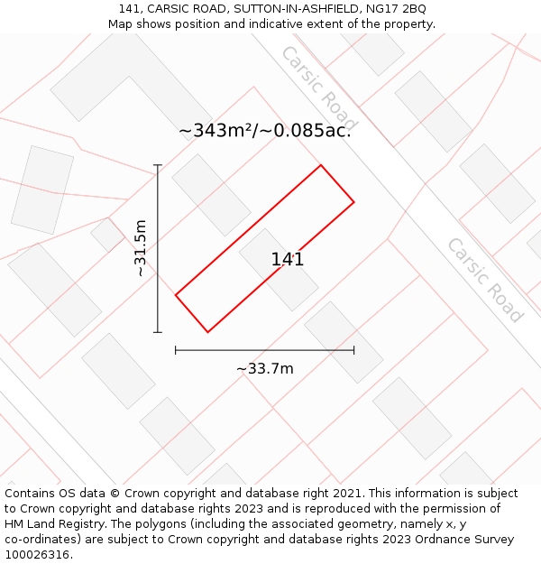 141, CARSIC ROAD, SUTTON-IN-ASHFIELD, NG17 2BQ: Plot and title map