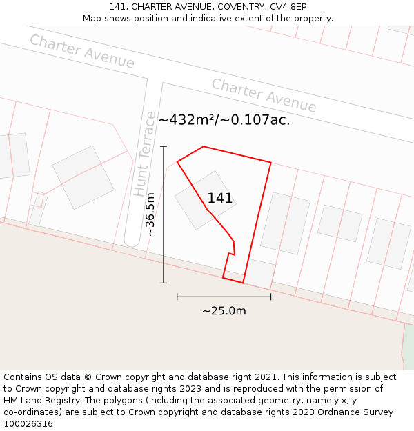 141, CHARTER AVENUE, COVENTRY, CV4 8EP: Plot and title map