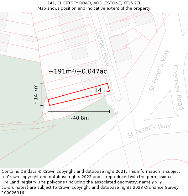 141, CHERTSEY ROAD, ADDLESTONE, KT15 2EL: Plot and title map