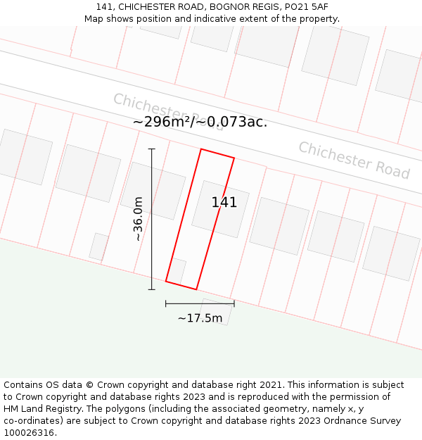 141, CHICHESTER ROAD, BOGNOR REGIS, PO21 5AF: Plot and title map