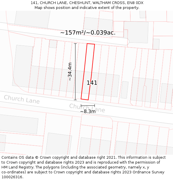 141, CHURCH LANE, CHESHUNT, WALTHAM CROSS, EN8 0DX: Plot and title map