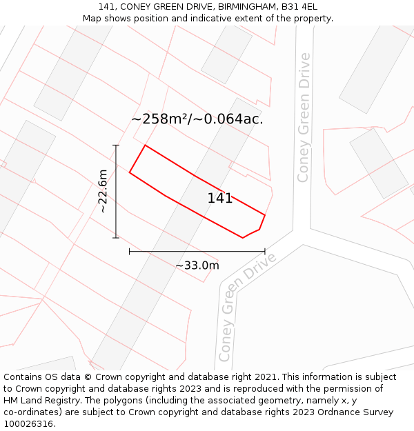 141, CONEY GREEN DRIVE, BIRMINGHAM, B31 4EL: Plot and title map