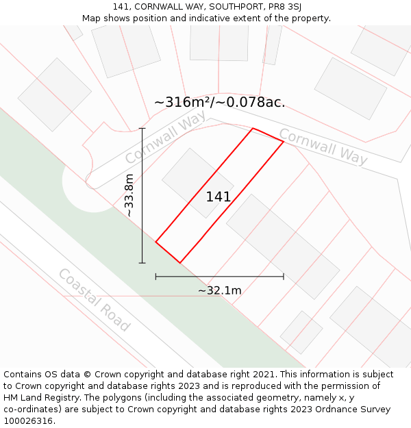 141, CORNWALL WAY, SOUTHPORT, PR8 3SJ: Plot and title map