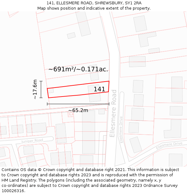 141, ELLESMERE ROAD, SHREWSBURY, SY1 2RA: Plot and title map