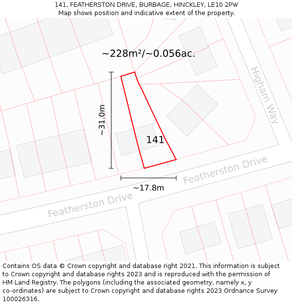 141, FEATHERSTON DRIVE, BURBAGE, HINCKLEY, LE10 2PW: Plot and title map